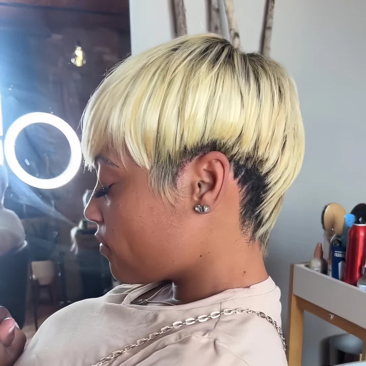 Blonde Highlight with Dark Roots Layered  Short Pixie Wig With Bangs