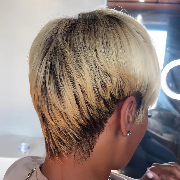 Blonde Highlight with Dark Roots Layered  Short Pixie Wig With Bangs