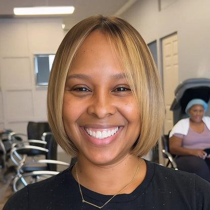 Blonde Highlight With Brown Root Silky Straight Bob