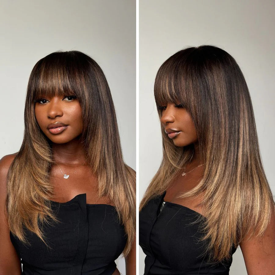 Brown Mix Blonde Highlight With Bang HD Lace Wig