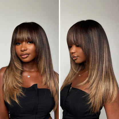 Brown Mix Blonde Highlight With Bang HD Lace Wig