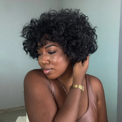 Beginner Friendly Throw On & Go Short Curly Bob Wig With Bang 100% Human Hair