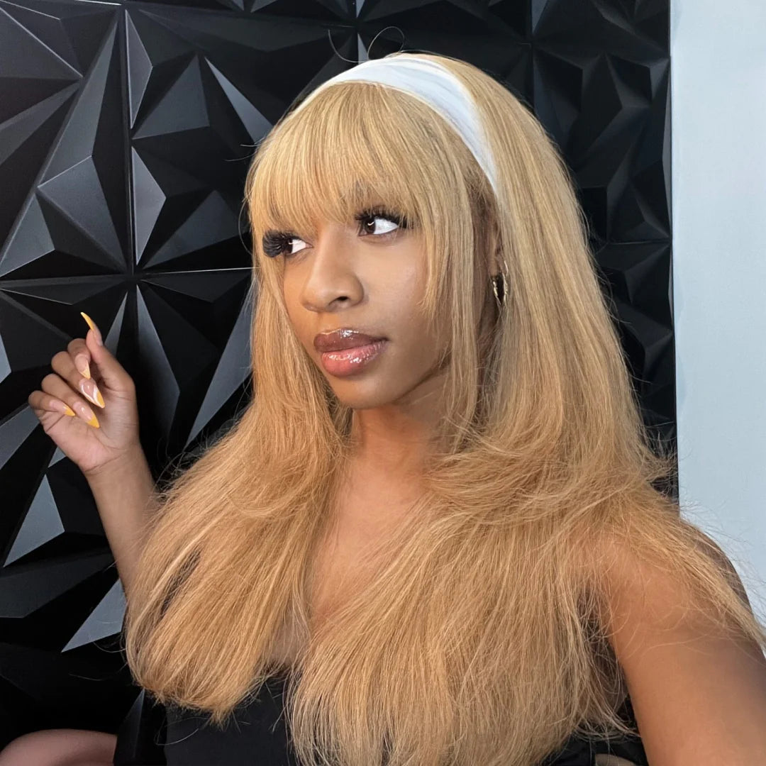 Honey Blonde Hair Wig With Bangs Glueless 13x4 Frontal Lace Wig