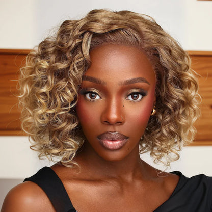 613 Golden Blonde Mix Brown Loose Curly Bob