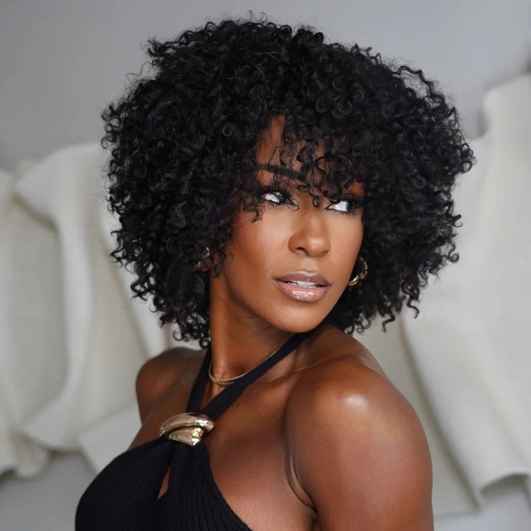 Put On & Go Voluminous Afro Kinky Curly Bob Wig 100% Human Hair