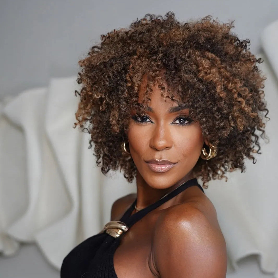 Put On & Go Voluminous Afro Kinky Curly Bob Wig 100% Human Hair