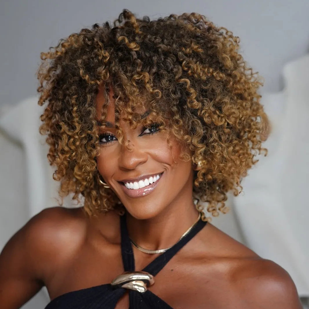 Put On & Go Voluminous Afro Kinky Curly Bob Wig 100% Human Hair