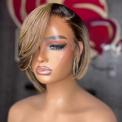 Honey Blonde Highlight Side Part Layered Cut Bob 13×4 Lace Frontal Wig