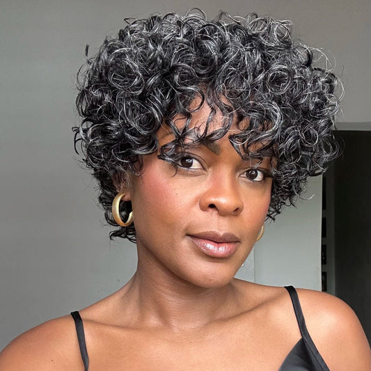 Salt & Pepper Voluminous Short Cut Curly Bob Wig 100% Human Hair
