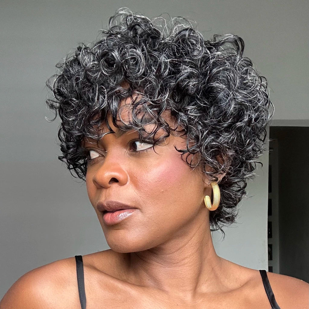 Salt & Pepper Voluminous Short Cut Curly Bob Wig 100% Human Hair