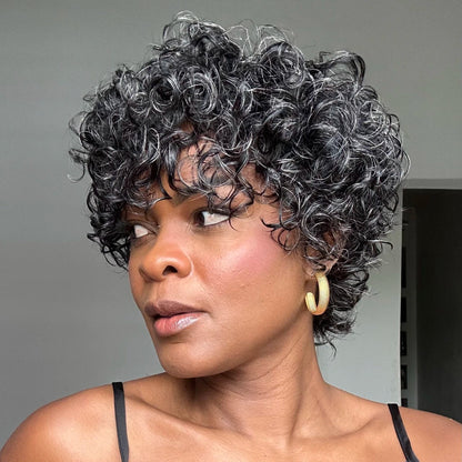 Salt & Pepper Voluminous Short Cut Curly Bob Wig 100% Human Hair