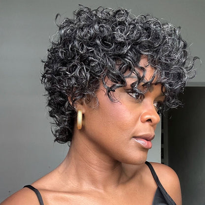 Salt & Pepper Voluminous Short Cut Curly Bob Wig 100% Human Hair