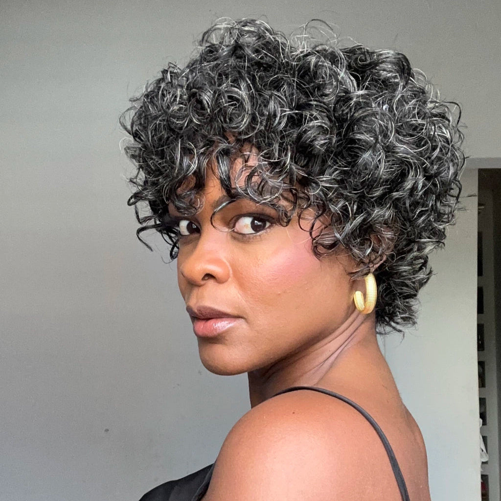 Salt & Pepper Voluminous Short Cut Curly Bob Wig 100% Human Hair