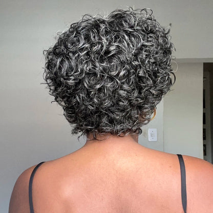 Salt & Pepper Voluminous Short Cut Curly Bob Wig 100% Human Hair