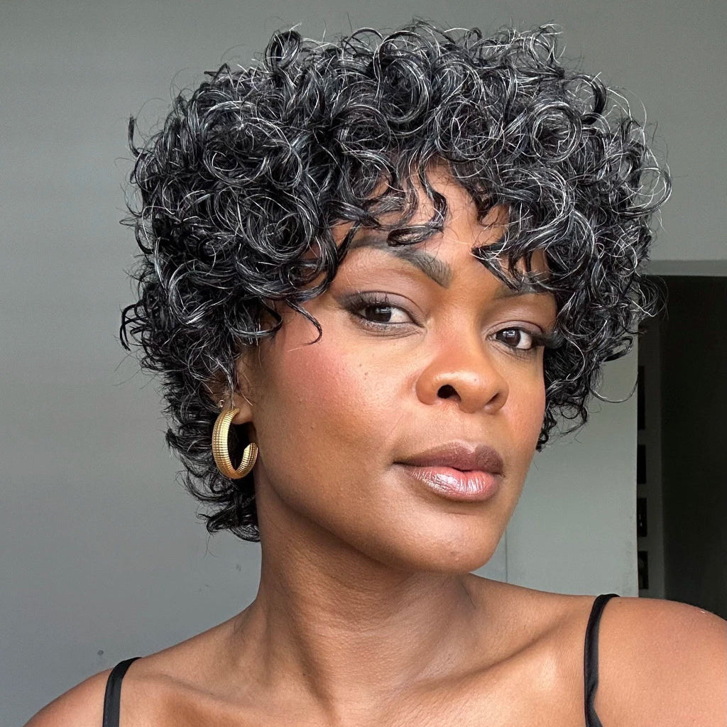 Salt & Pepper Voluminous Short Cut Curly Bob Wig 100% Human Hair