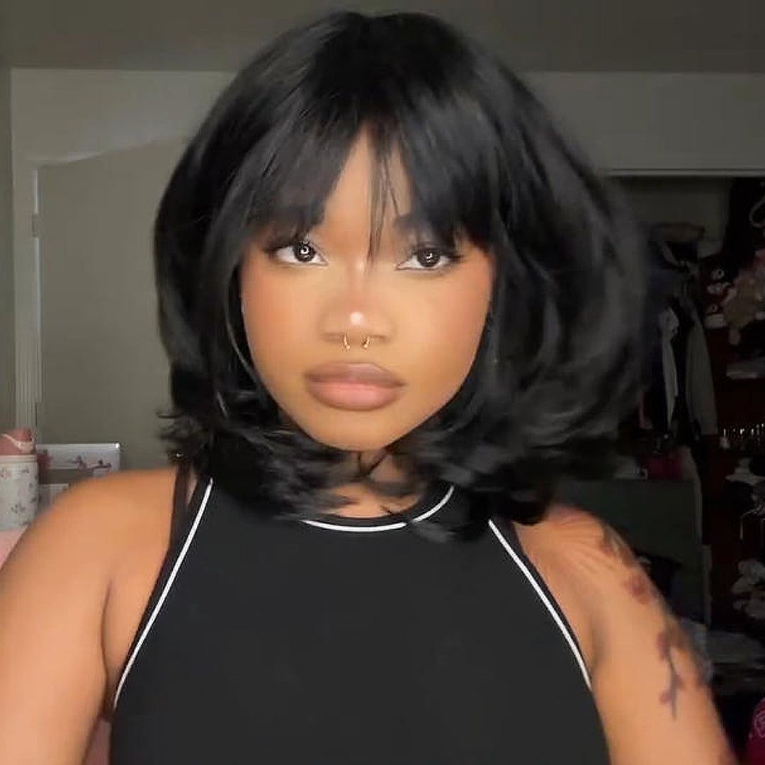 Face-Framing Layered Curtain Bangs Wavy 5x5 Lace Closure Wig