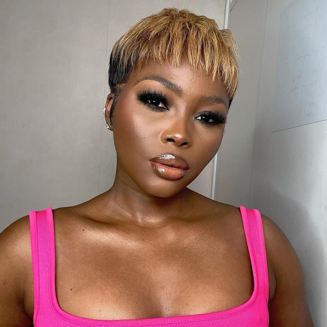 Honey Blonde with Dark Roots Short Pixie Cut Versatile Human Hair Wig
