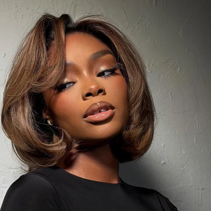 Ombre Brown with Blonde Highlights Layered Wavy Bob Curtain Bangs Wig