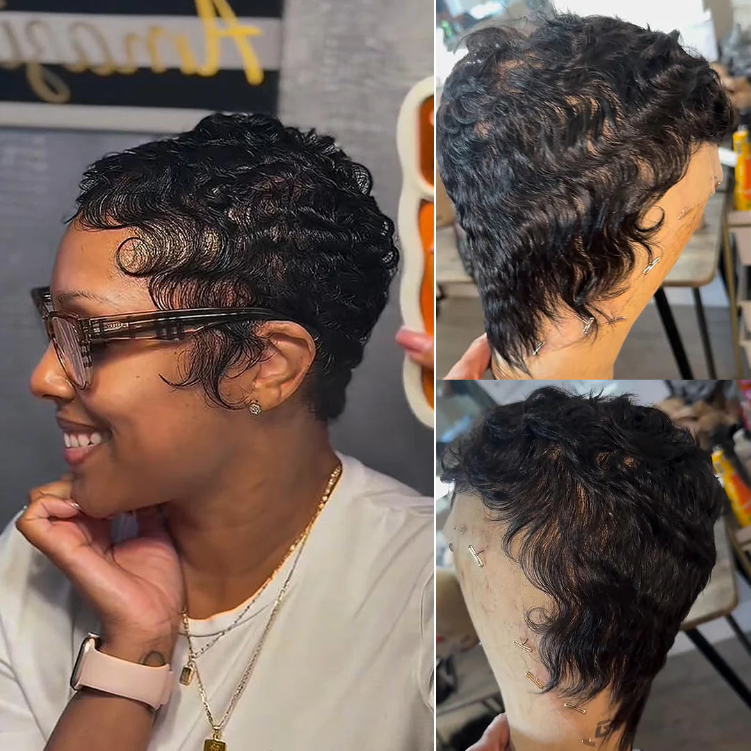 Natural Black Full Lace Wave Curls Pixie Cut Wig