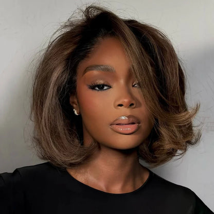 Ombre Brown with Blonde Highlights Layered Wavy Bob Curtain Bangs Wig