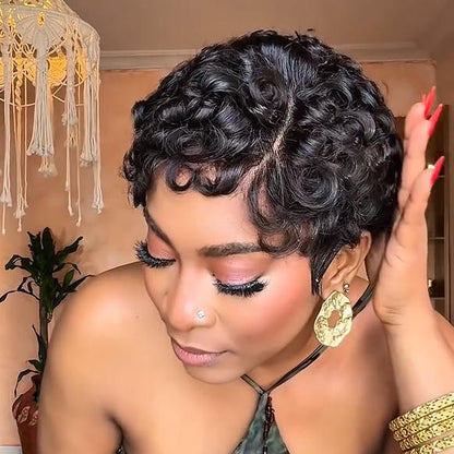 Natural Black 13x4 Lace/Full Lace Finger Wave Curly Pixie Wig