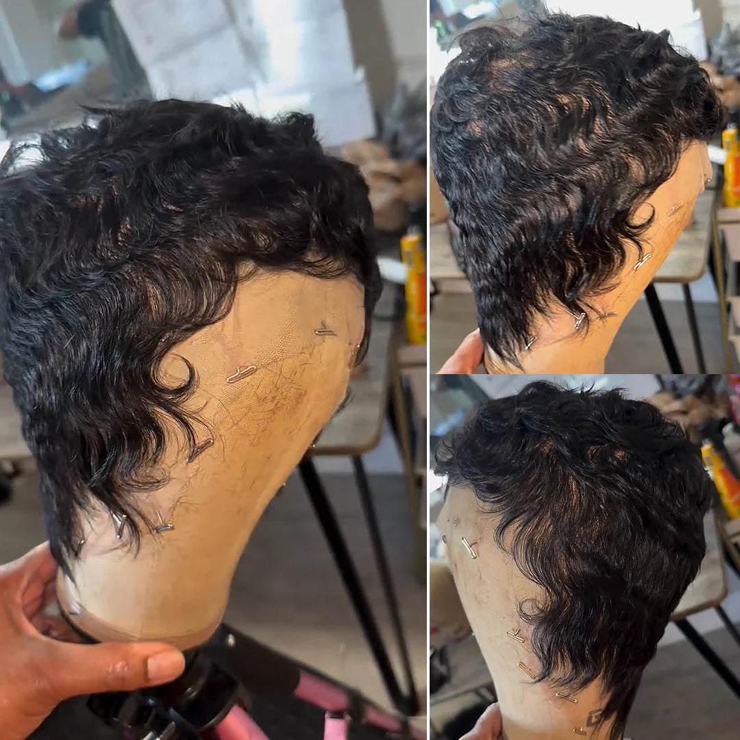 Natural Black Full Lace Wave Curls Pixie Cut Wig