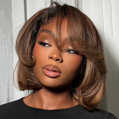Ombre Brown with Blonde Highlights Layered Wavy Bob Curtain Bangs Wig