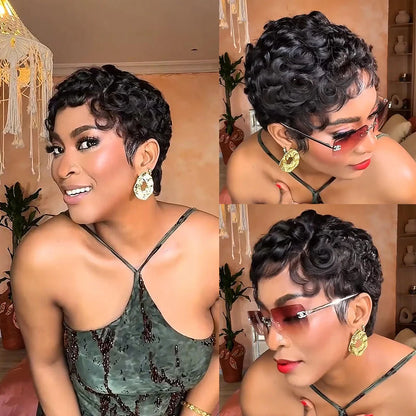 Natural Black 13x4 Lace/Full Lace Finger Wave Curly Pixie Wig