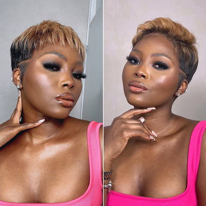 Honey Blonde with Dark Roots Short Pixie Cut Versatile Human Hair Wig