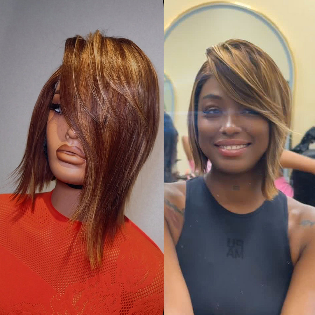 Long Layers Bob Side Bang 13x4 Lace Frontal Human Hair Wig