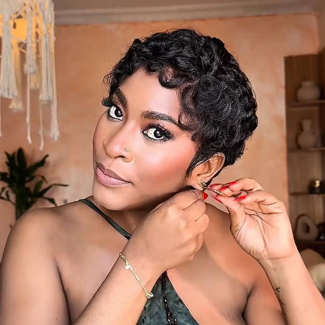 Natural Black 13x4 Lace/Full Lace Finger Wave Curly Pixie Wig