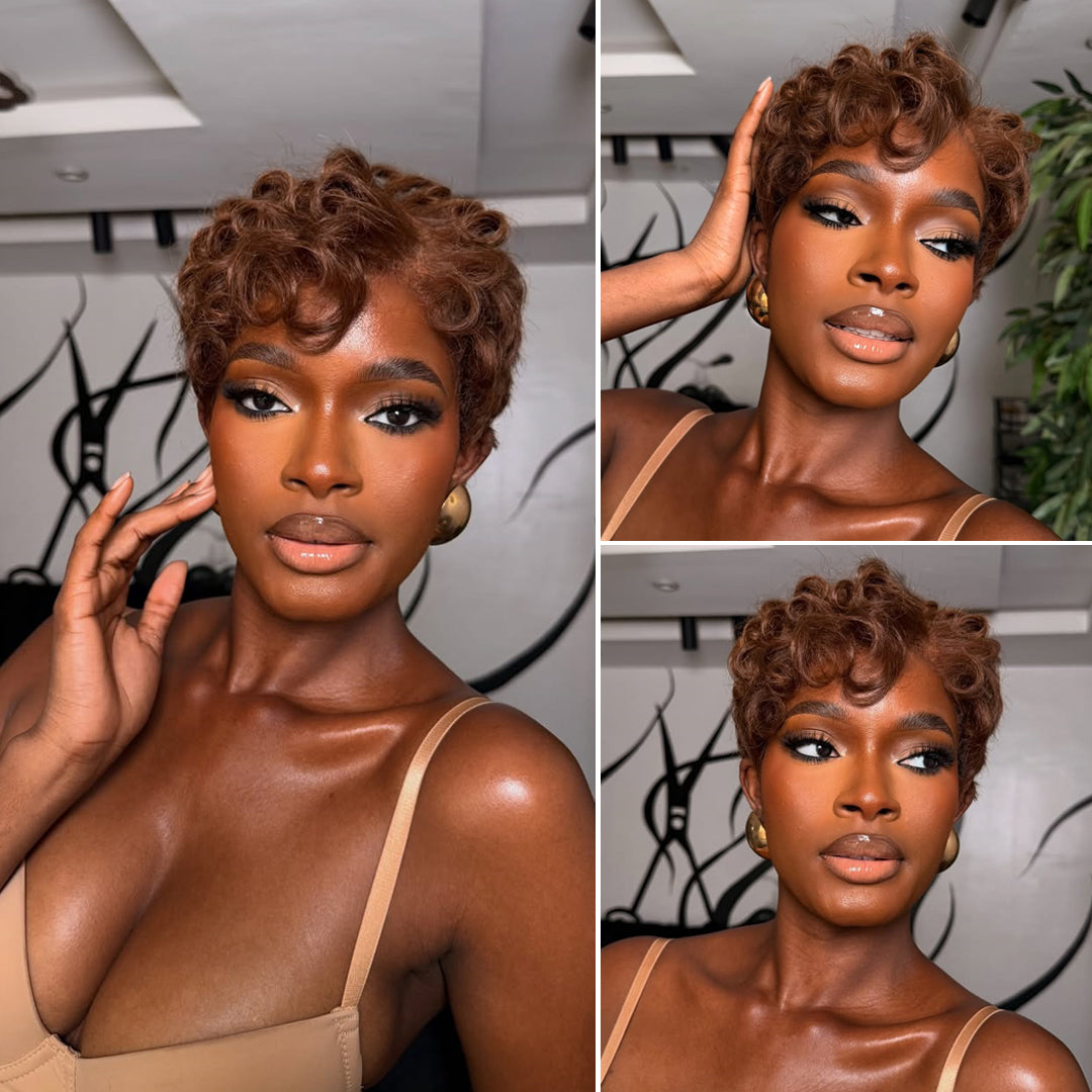 Full Lace Short Curly Pixie Cut Natural Black / Brown Wig
