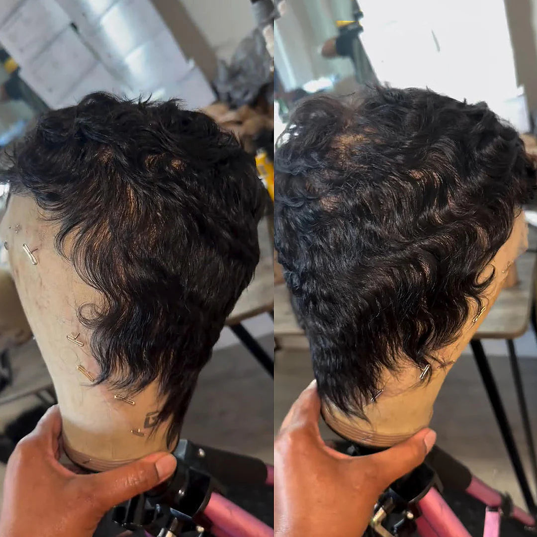 Natural Black Full Lace Wave Curls Pixie Cut Wig
