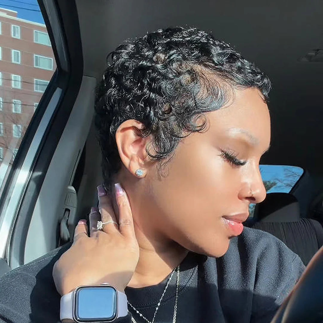 Natural Black Full Lace Wave Curls Pixie Cut Wig