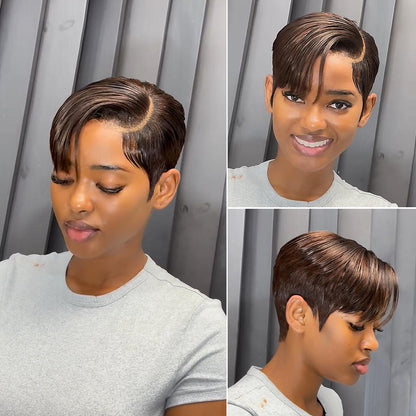 Dark Brown Full Lace Pixie Cut Wig With Side Swept Bangs