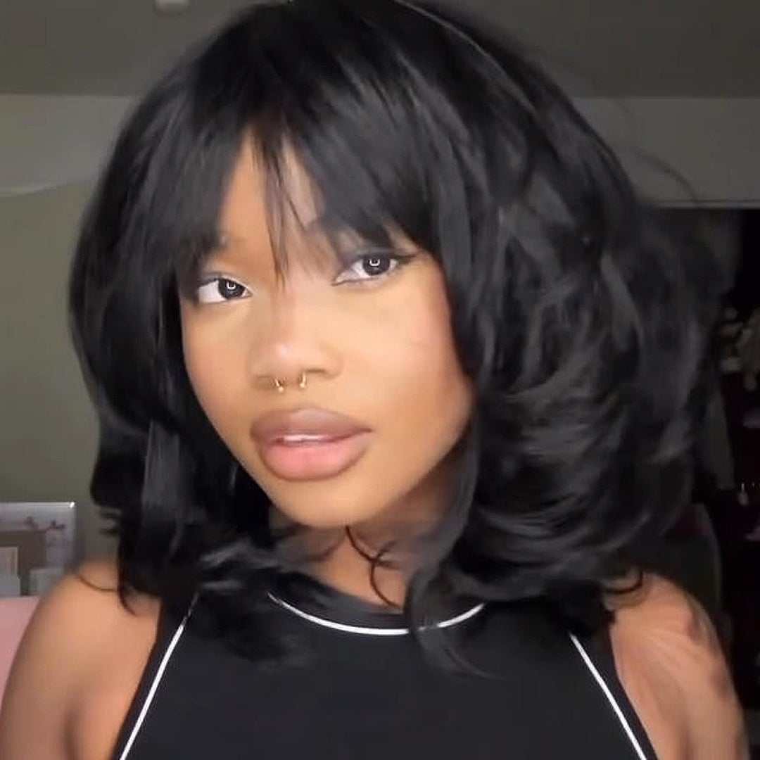 Face-Framing Layered Curtain Bangs Wavy 5x5 Lace Closure Wig