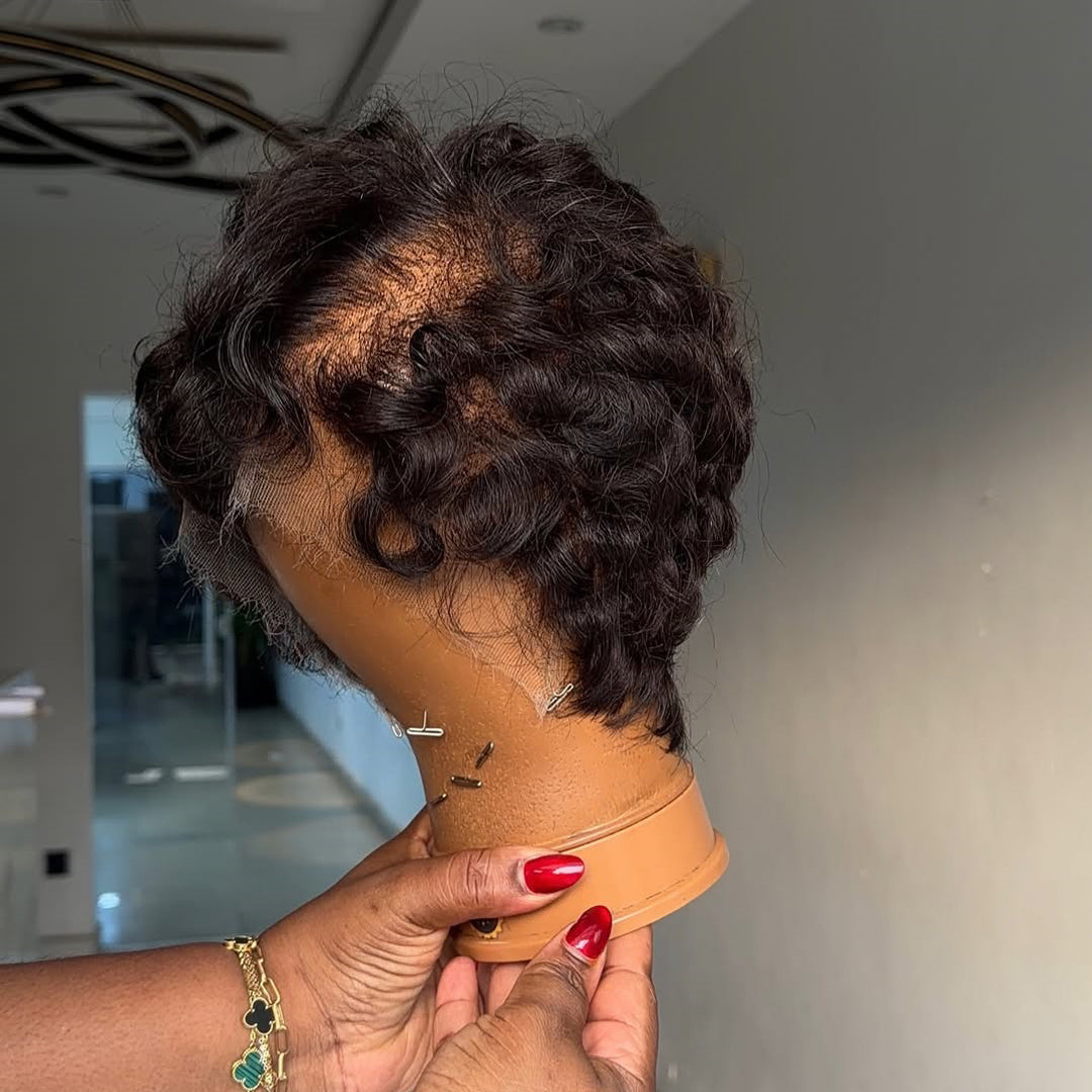 Full Lace Short Curly Pixie Cut Natural Black / Brown Wig