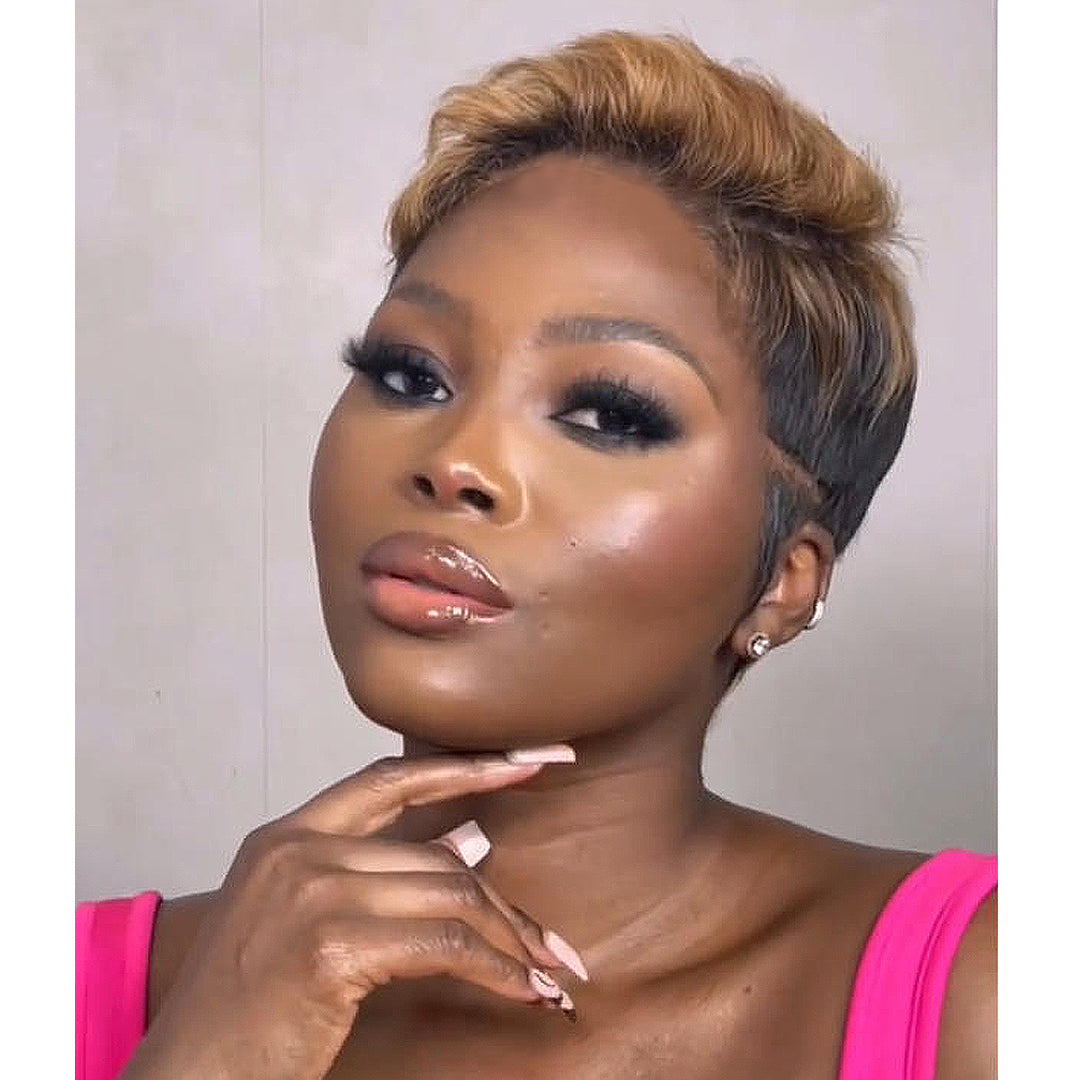 Honey Blonde with Dark Roots Short Pixie Cut Versatile Human Hair Wig
