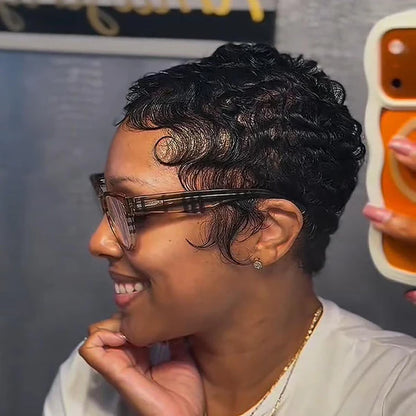 Natural Black Full Lace Wave Curls Pixie Cut Wig