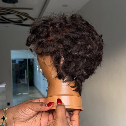 Full Lace Short Curly Pixie Cut Natural Black / Brown Wig
