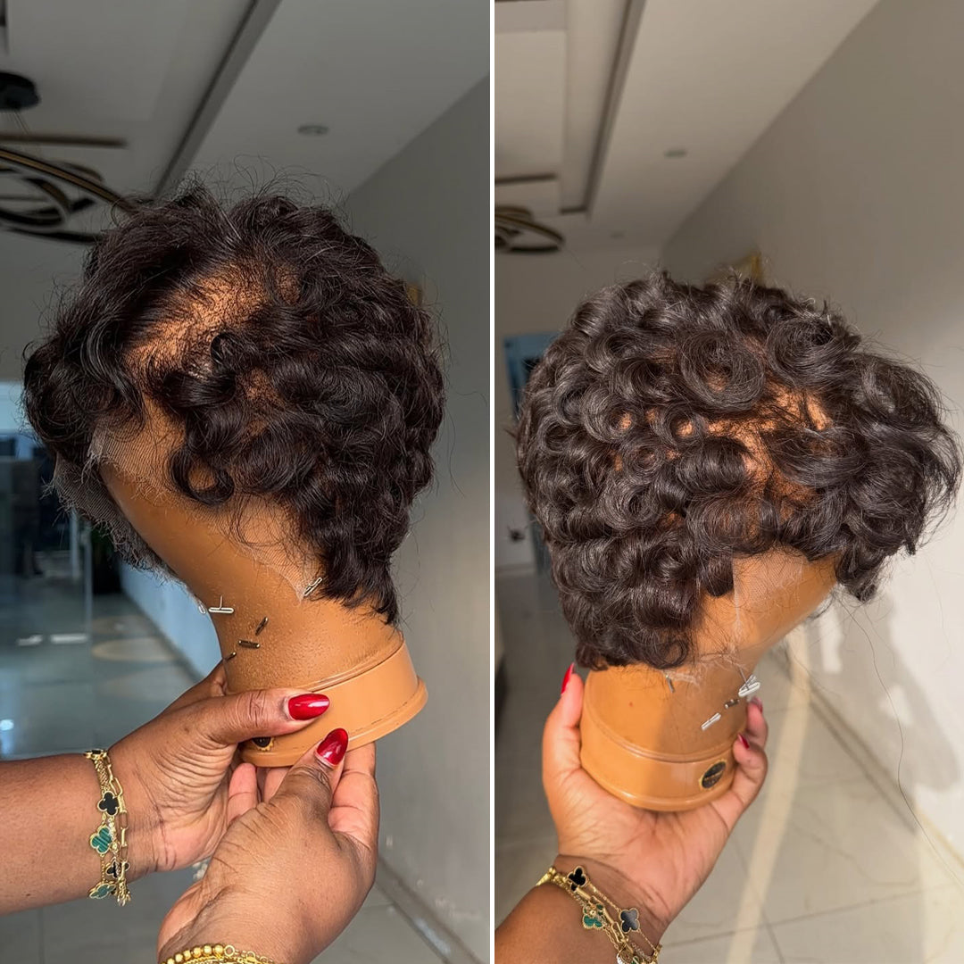 Full Lace Short Curly Pixie Cut Natural Black / Brown Wig