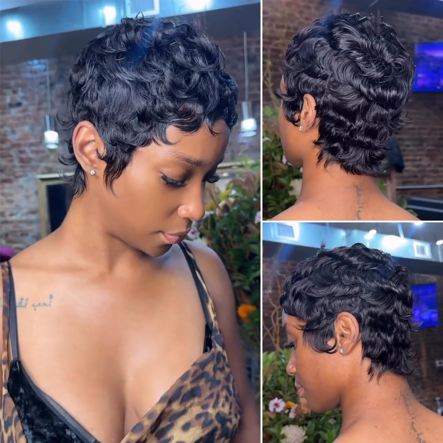Full Lace Natural Black Soft Wispy Layered Cut Water Wave Pixie Wig