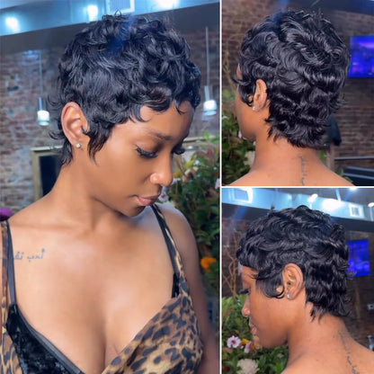 Full Lace Natural Black Soft Wispy Layered Cut Water Wave Pixie Wig