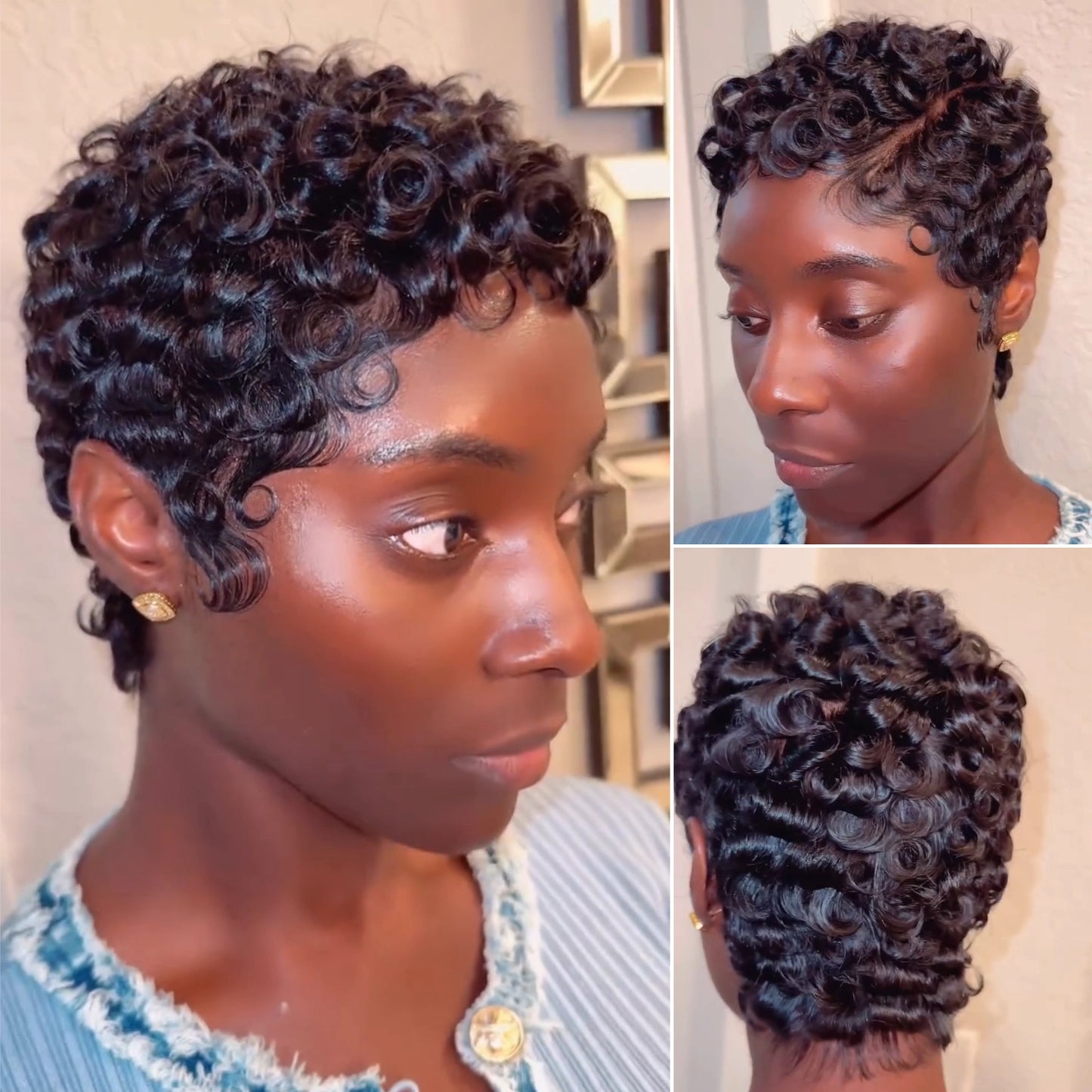 Natural Black 13x4 Lace/Full Lace Finger Wave Curly Pixie Wig