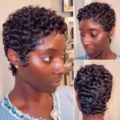 Natural Black 13x4 Lace/Full Lace Finger Wave Curly Pixie Wig