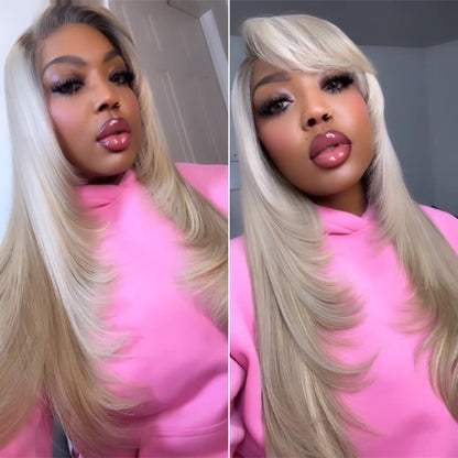 5x5 Lace Closure Ombre Blonde Layered Cut Wig With Fringe Bangs
