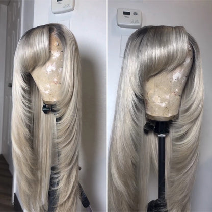 5x5 Lace Closure Ombre Blonde Layered Cut Wig With Fringe Bangs