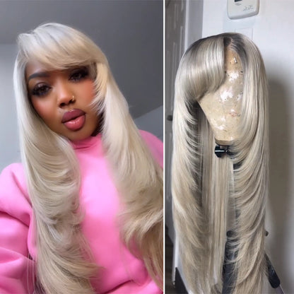 5x5 Lace Closure Ombre Blonde Layered Cut Wig With Fringe Bangs