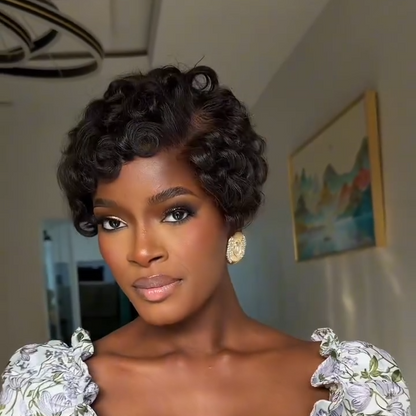 Full Lace Short Curly Pixie Cut Natural Black / Brown Wig