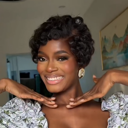 Full Lace Short Curly Pixie Cut Natural Black / Brown Wig